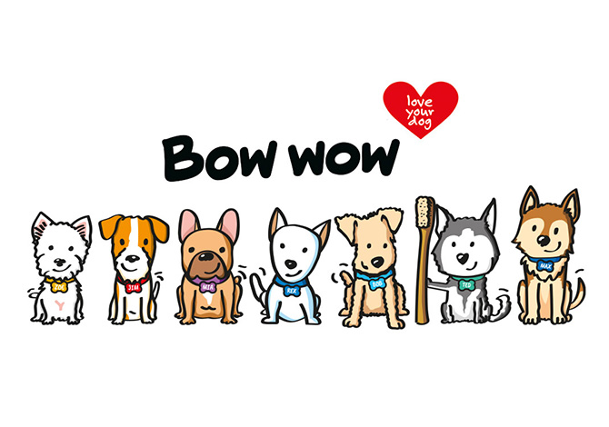 Ilustrovaná partička pejsků a logo Bow Wow. Unikátní identita značky používá rozmanité pejsky jako maskoty pro jednotlivé produktové řady.